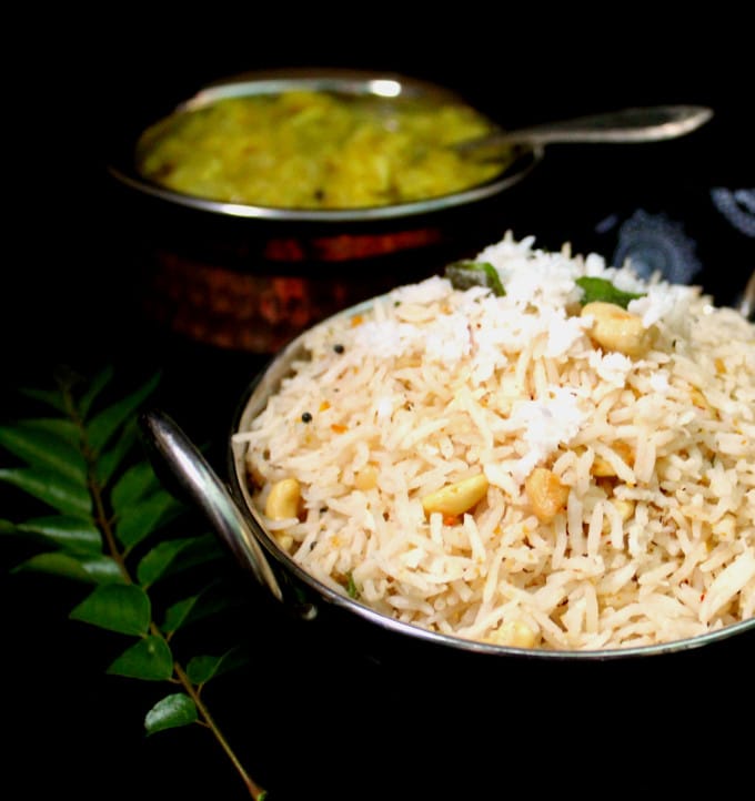 Closeup of South Indian Coconut Rice with curry leaves.