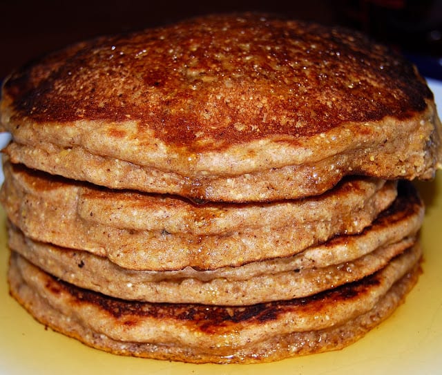 Stack of vegan four-grain pancakes