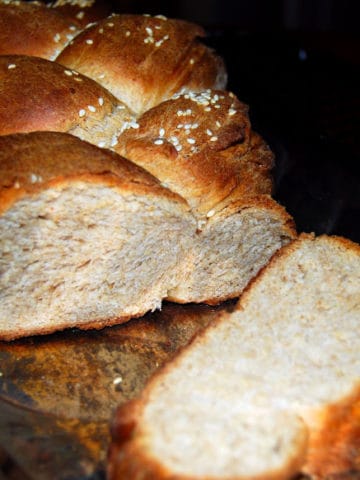 Sliced, braided vegan challah bread