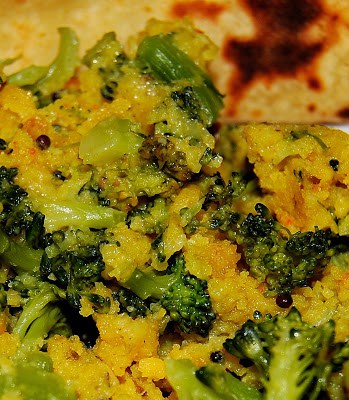 Closeup of broccoli paruppu usili, broccoli cooked with a spicy south indian chickpea paste