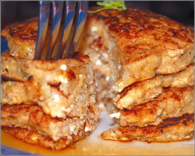 Vegan Wholegrain Tofu Pancakes with maple syrup.