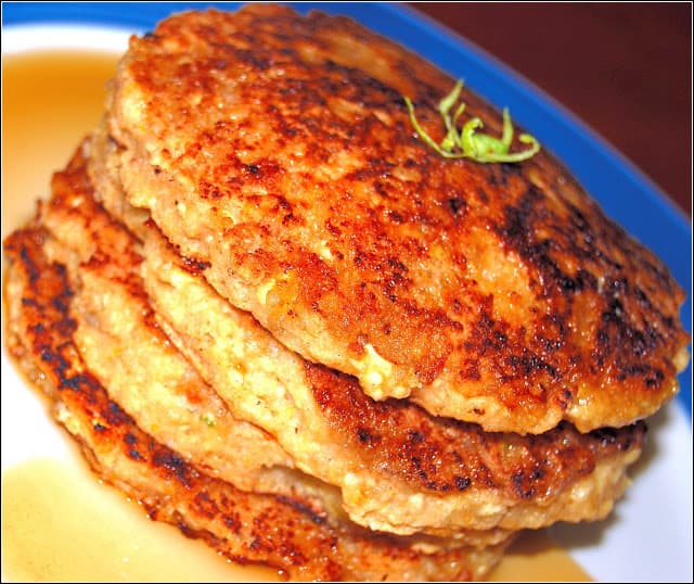 Vegan Wholegrain Tofu Pancakes stacked on plate.