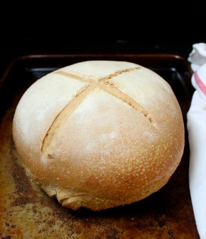 A loaf of tuscan bread or pane toscano, baked in a boule shape