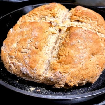 Vegan Irish soda bread in skillet.