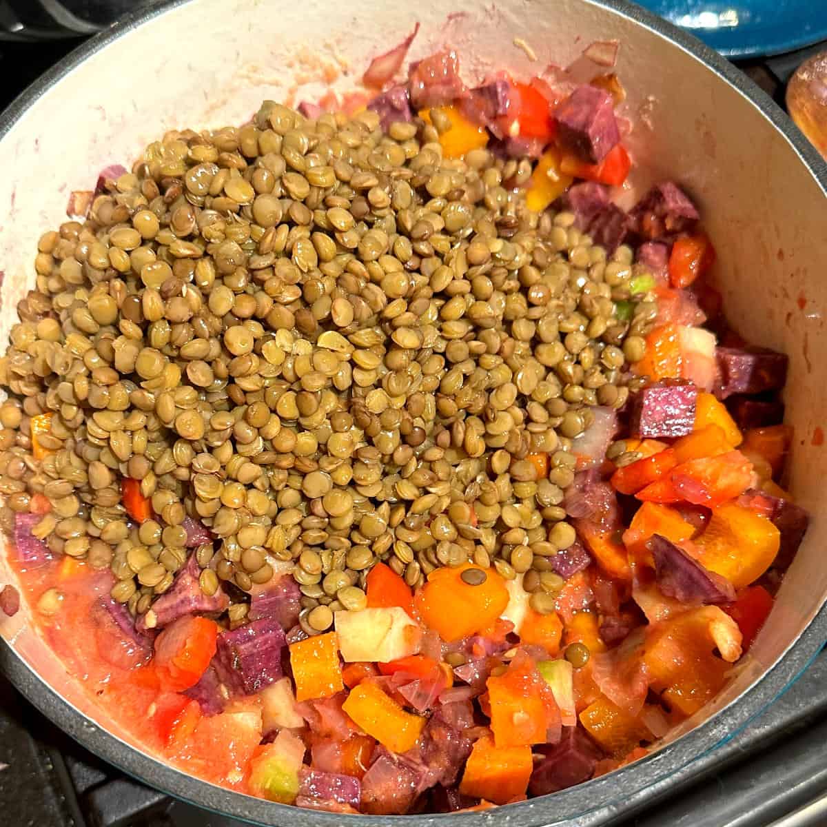 Lentils added to pot with tomato puree and vegetables.
