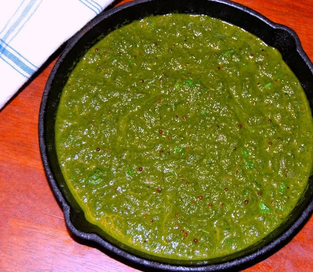 Overehead photo of methi chaman made with fenugreek leaves and spinach.