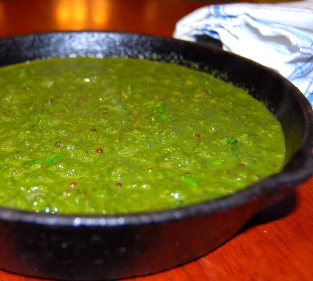 Photo of methi chaman in a cast iron skillet.