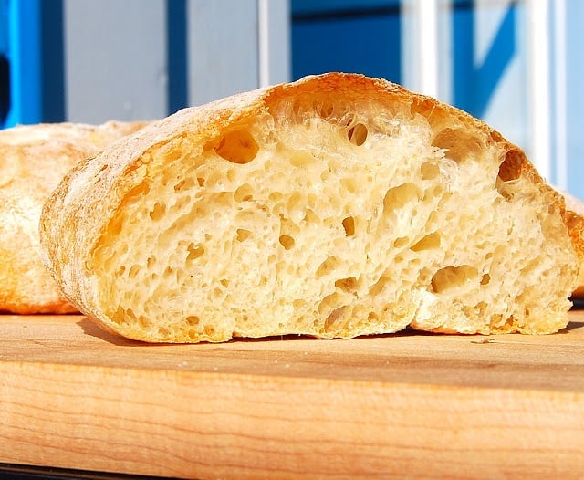 The airy crumb of a perfectly risen ciabatta bread