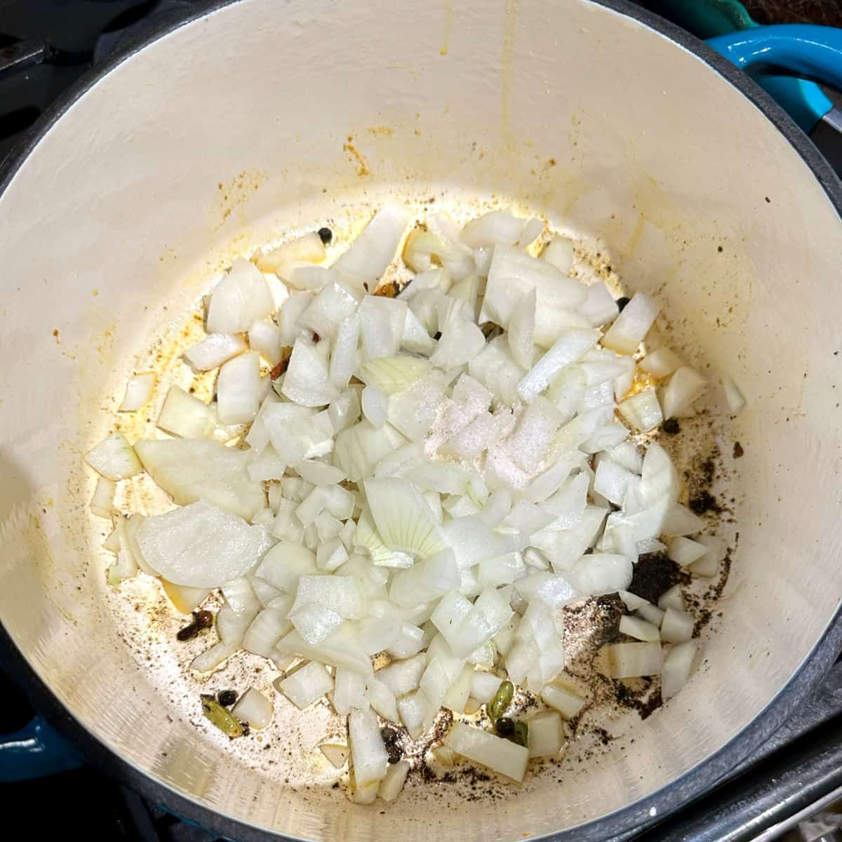 Onions added to pot with spices.