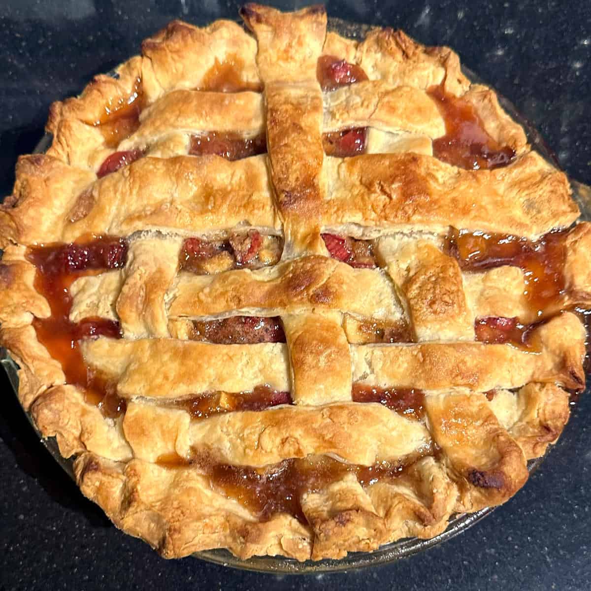 Rhubarb pie after baking.