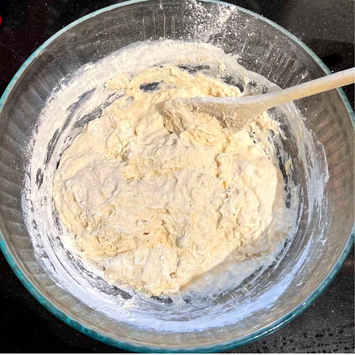 Flour mixed into biga starter for Italian dough.