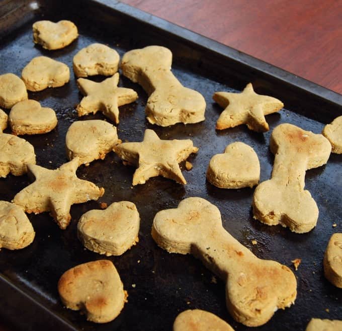 Peanut Butter Dog Biscuits on baking sheet.