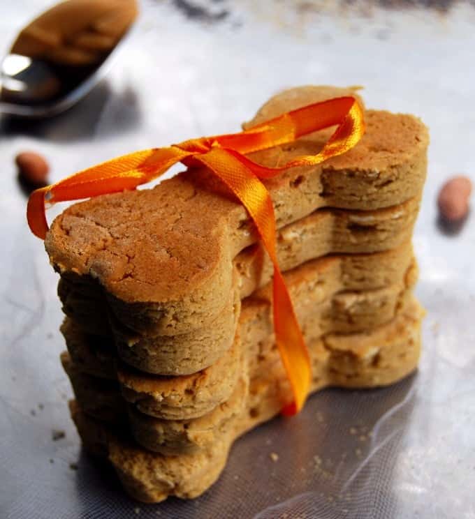 Peanut butter dog biscuits tied with orange ribbon.