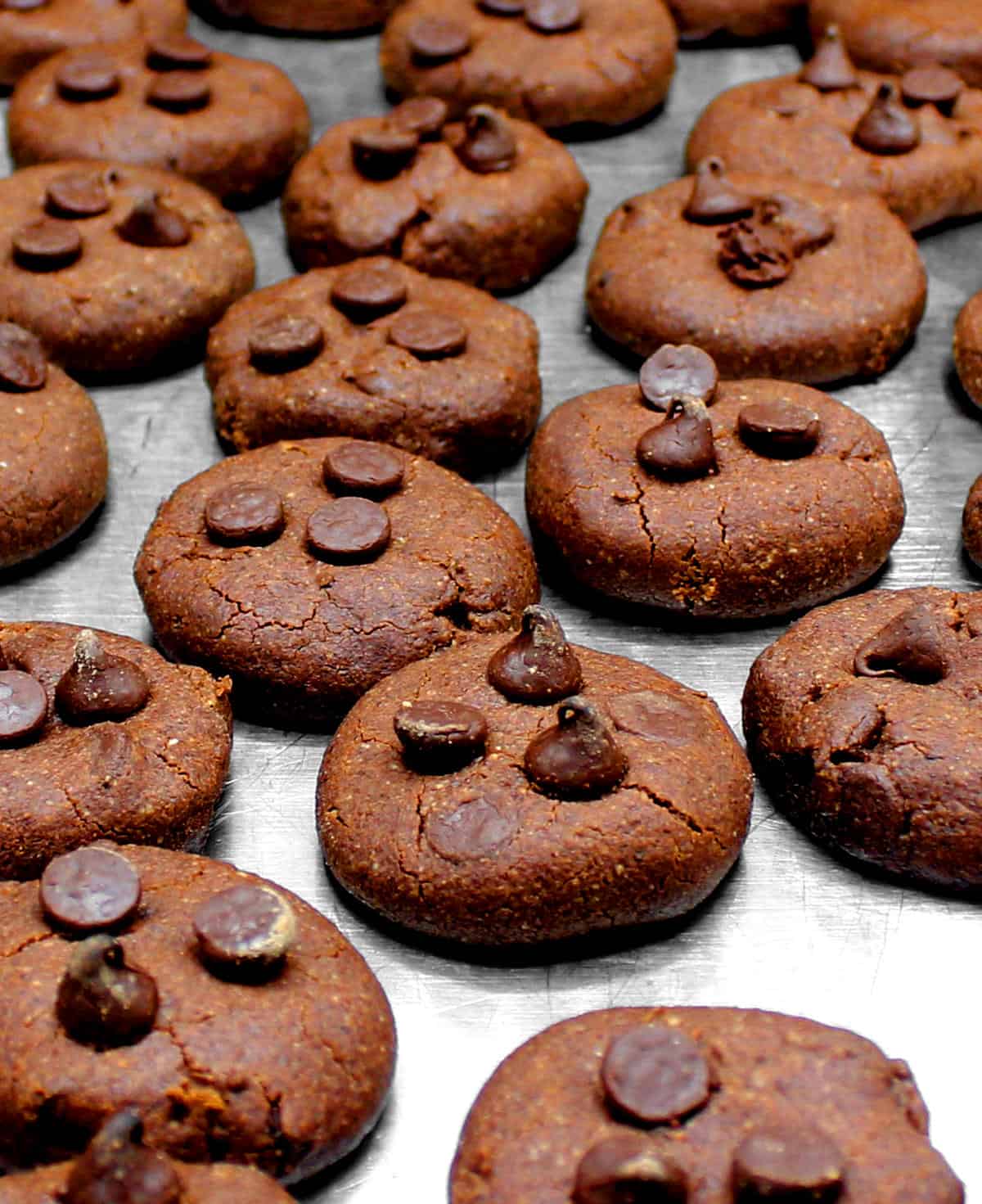 Vegan death by chocolate cookies on baking sheet.