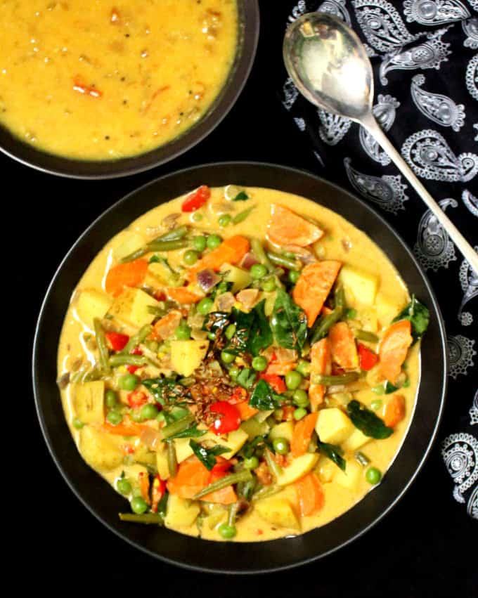 Vegetable Korma, a mixed vegetable curry, in a bowl.