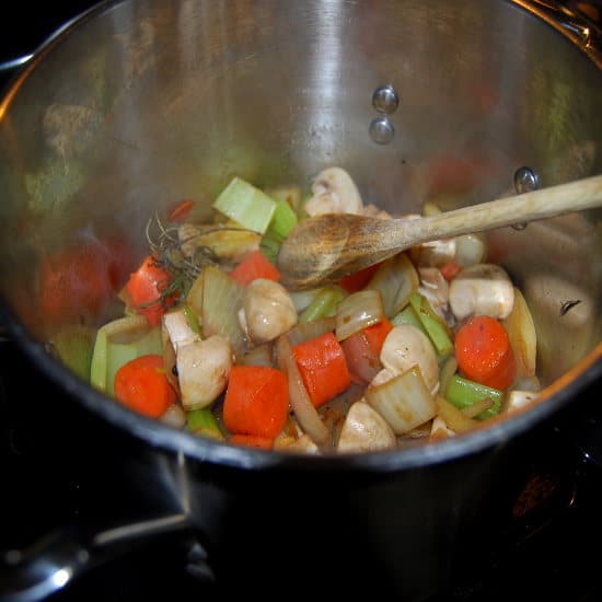 Vegetables in stock pot for vegetable broth.