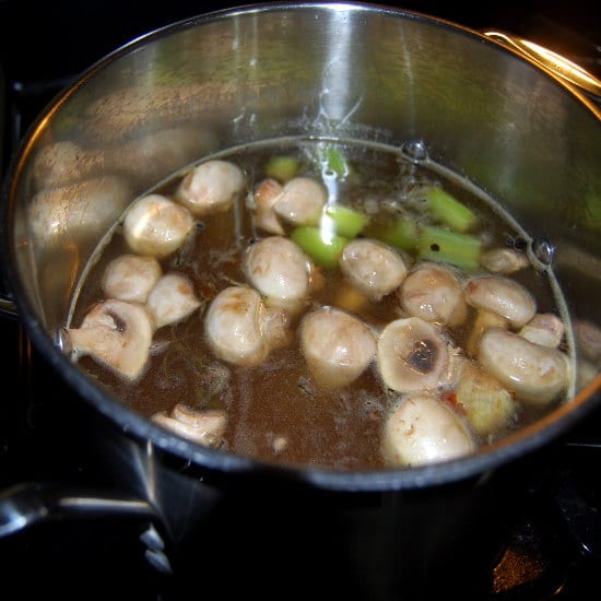Vegetable broth cooking in large stock pot.