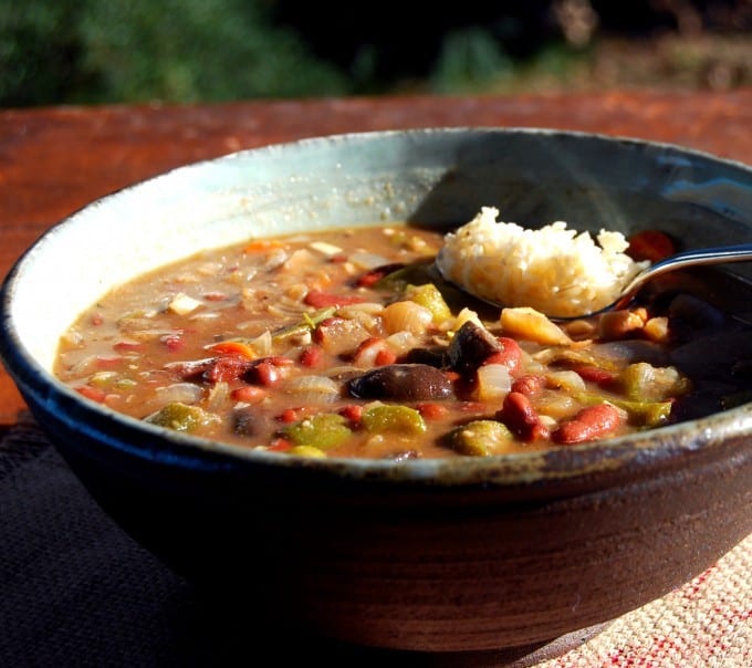 An outdoor shot of a bowl of vegan gumbo, gf and free of added oils, with a spoonful of brown rice.