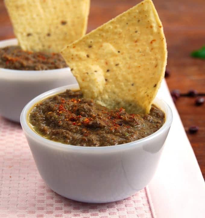 Azuki Bean Dip in two white bowls with tortilla chips.