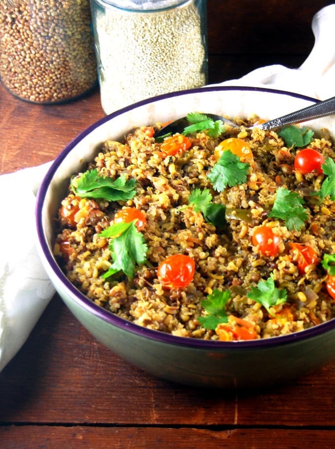 Sprouted Quinoa Bean Pulao in bowl.