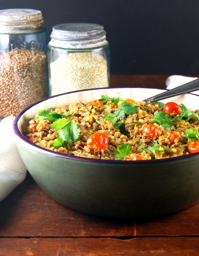 Sprouted Bean and Quinoa Pulao in bowl. 