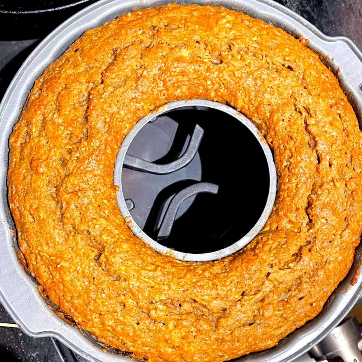 Baked vegan squash cake in bundt pan.