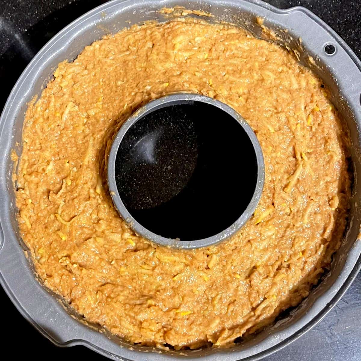 Vegan squash cake batter in bundt pan.