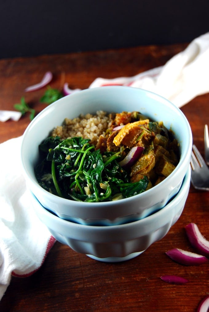 Kadai Tofu Bowl with garlicky sauteed spinach and quinoa.