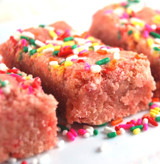 Closeup of vegan Pink Lemonade Cookie Bars with sprinkles.