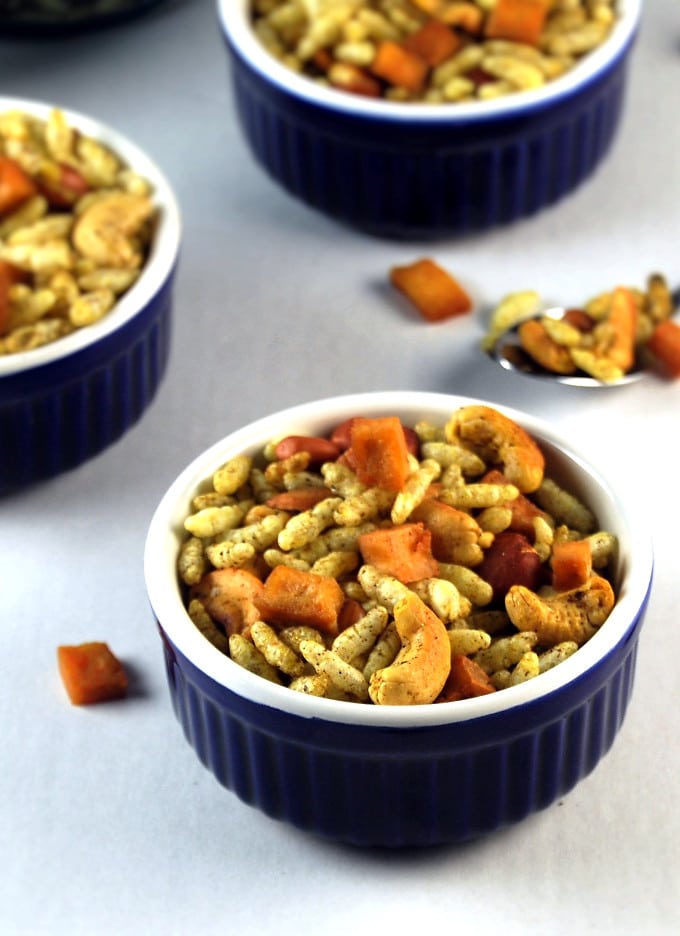 chivda, indian snack mix in three bowls.