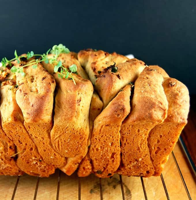 Front partial shot of Vegan Garlic Herb Bread (Pull Apart Loaf)