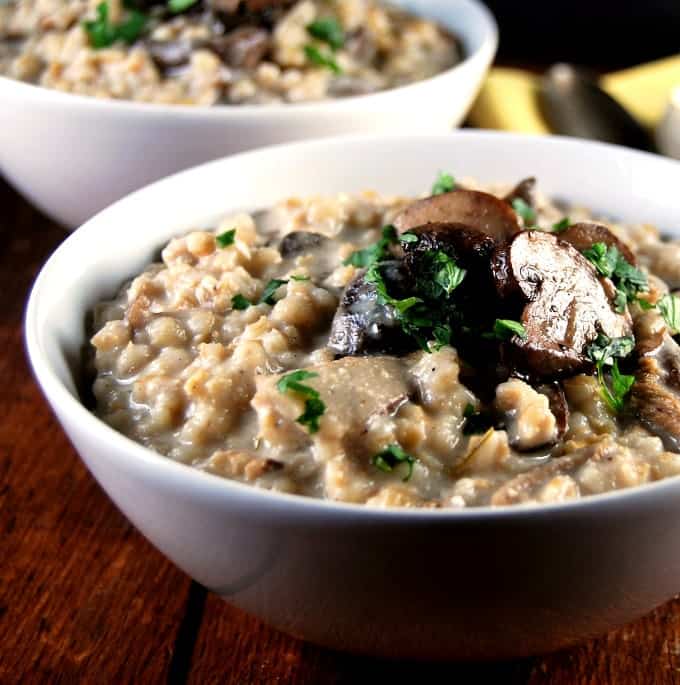 Vegan Mushroom Barley Risotto in two white bowls