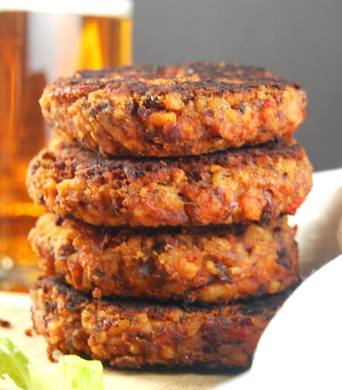 A stack of kidney bean roasted red pepper burger patties.