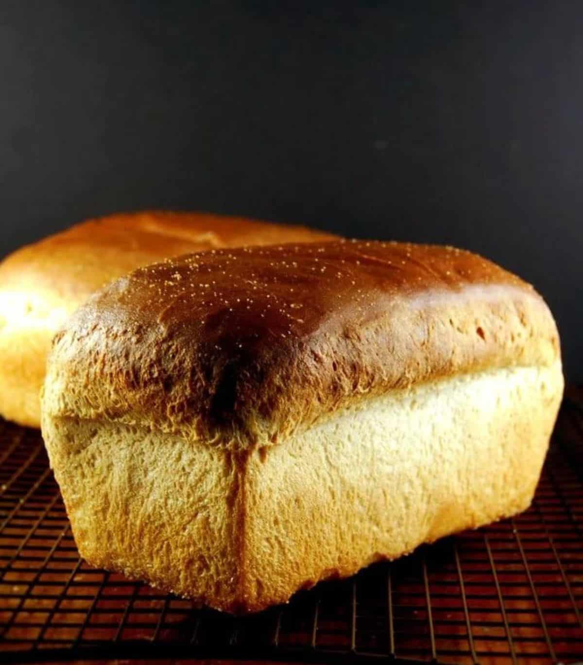 Sourdough sandwich bread loaves on dark background.