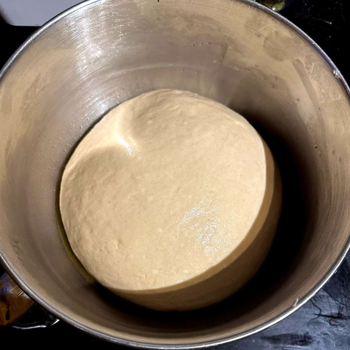 Sourdough sandwich bread dough after rising for two hours.