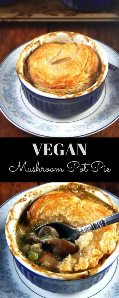 Pin image showing vegan mushroom pot pies with golden puff pastry crust and the gravy of mushrooms, carrots and peas inside showing with text inlay "vegan mushroom pot pie."