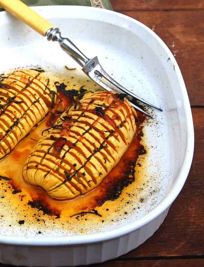 Hasselback Delicata Squash with Rosemary and Garlic - holycowvegan.net