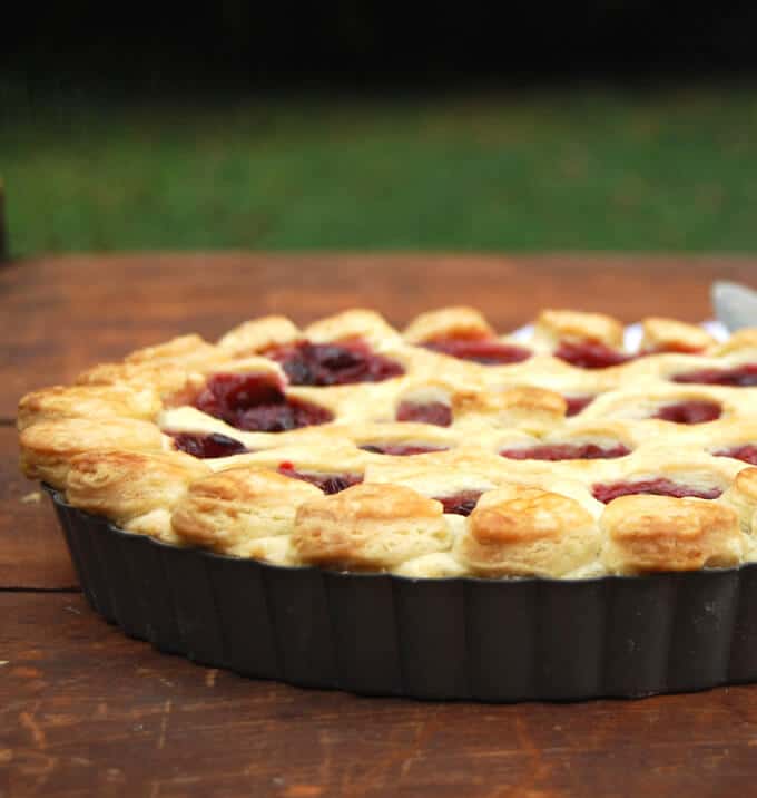 A vegan cranberry tart in tart pan on wooden table.