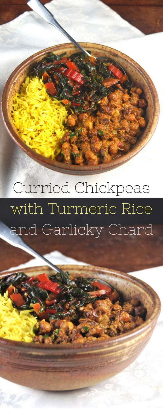 Curried Chickpeas Bowl with Turmeric Rice and Garlicky Chard