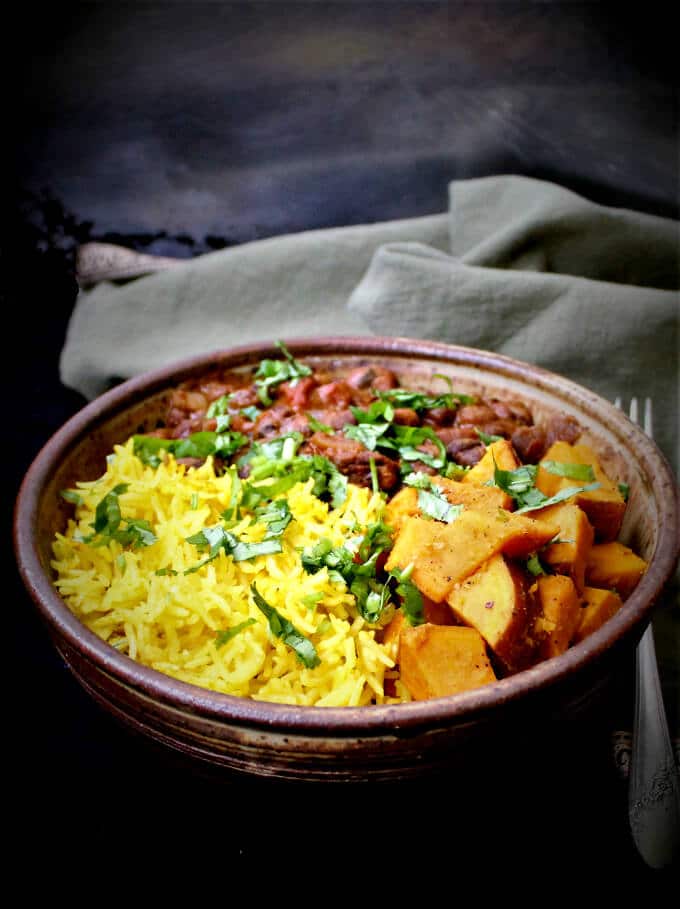 Mixed beans masala bowl with sweet potatoes and turmeric rice