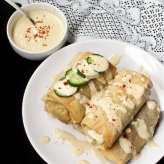 Vegan baked chimichangas with filo and lentil stuffing