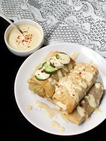 Vegan baked chimichangas with filo and lentil stuffing