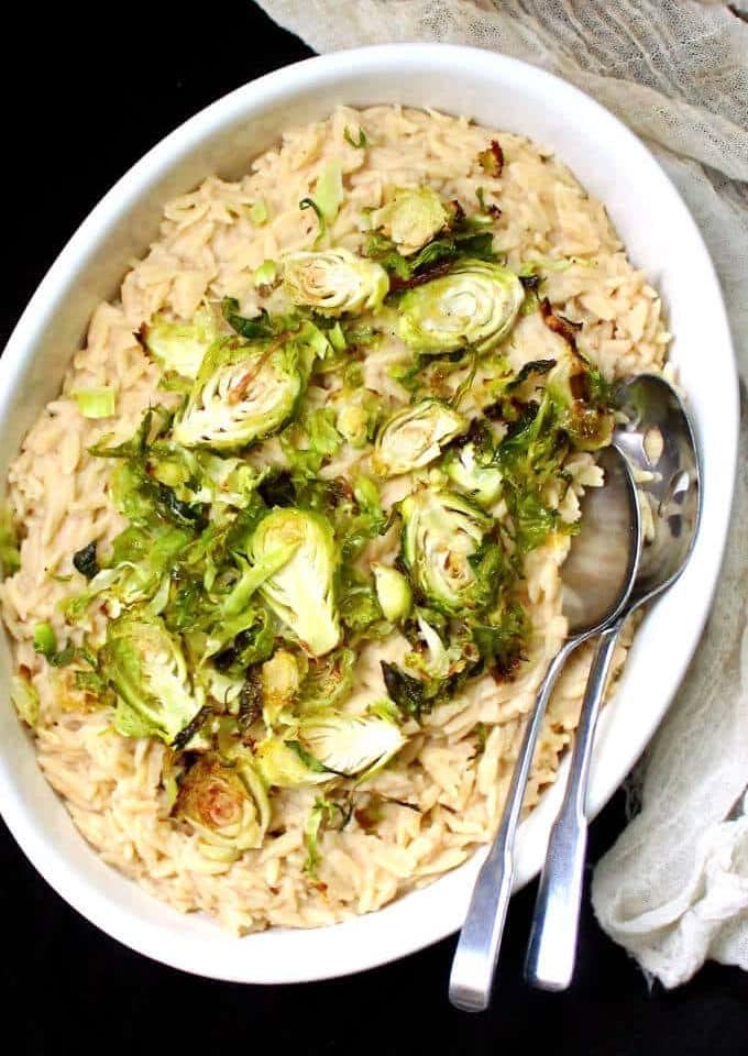 Creamy Vegan Orzo Risotto with Roasted Brussels Sprouts - holycowvegan.net