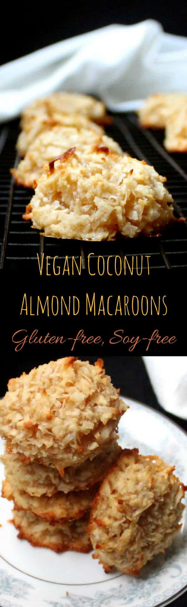 Macaroon images with text inlay that says "vegan coconut almond macaroons, gluten-free, soy-free"