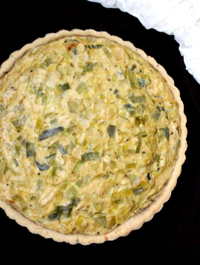 Vegan Leek Quiche with a whole wheat olive oil crust after baking.