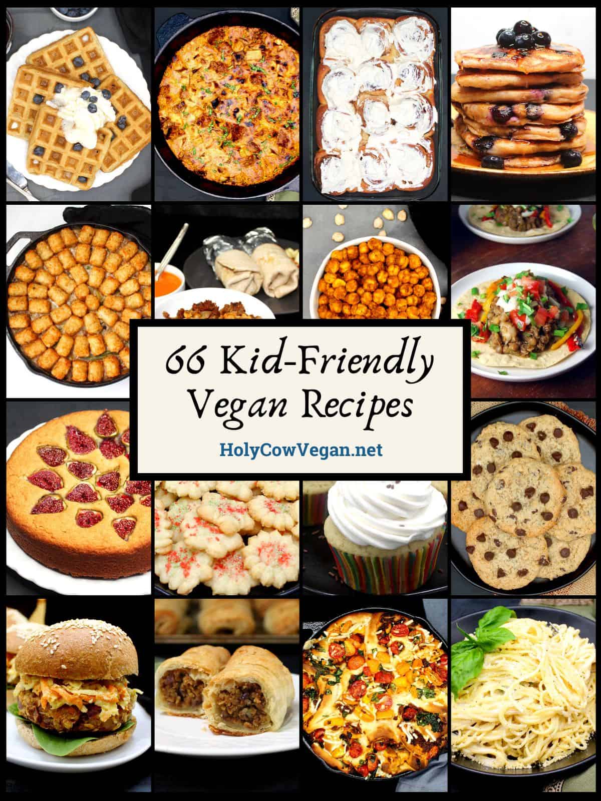 Grid with photos of kid-friendly vegan recipes and text that says "66 vegan kid-friendly recipes."