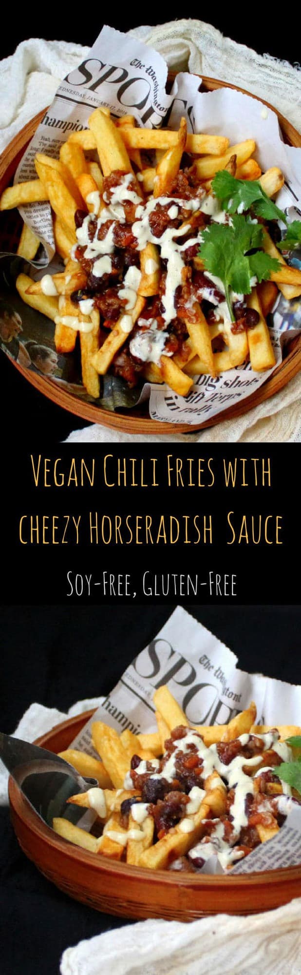 Vegan Chili Fries drizzled with a creamy, cheezy horseradish sauce - HolyCowVegan.net