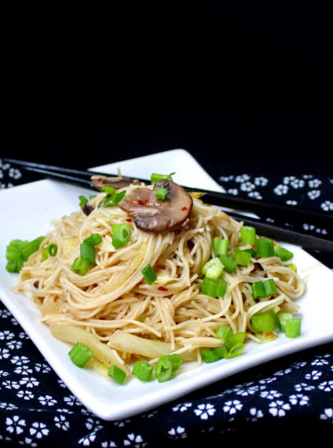 Vegan Chinese Longevity Noodles with Mushrooms and Ginger - HolyCowVegan.net