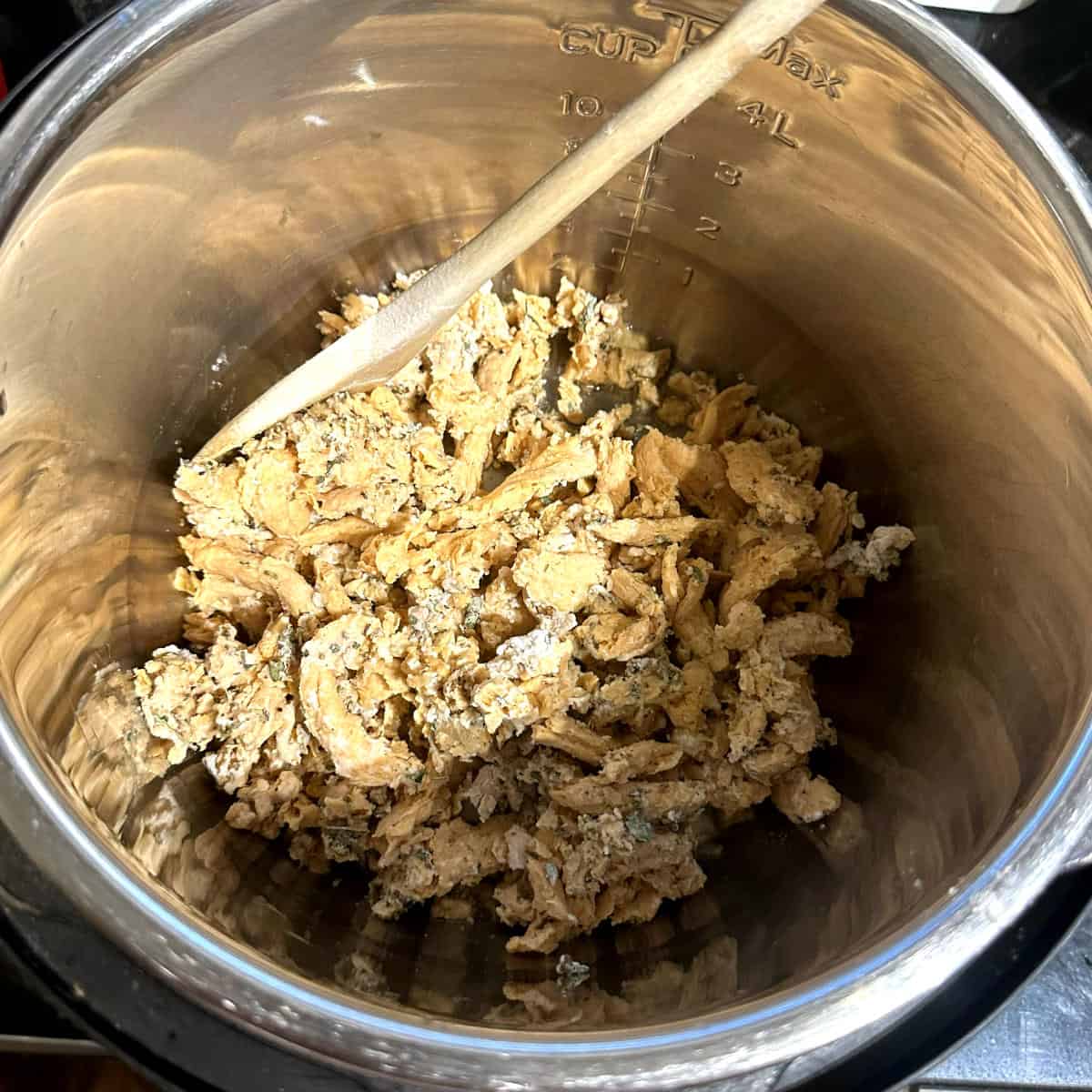 Soy curls sauteing in Instant Pot.