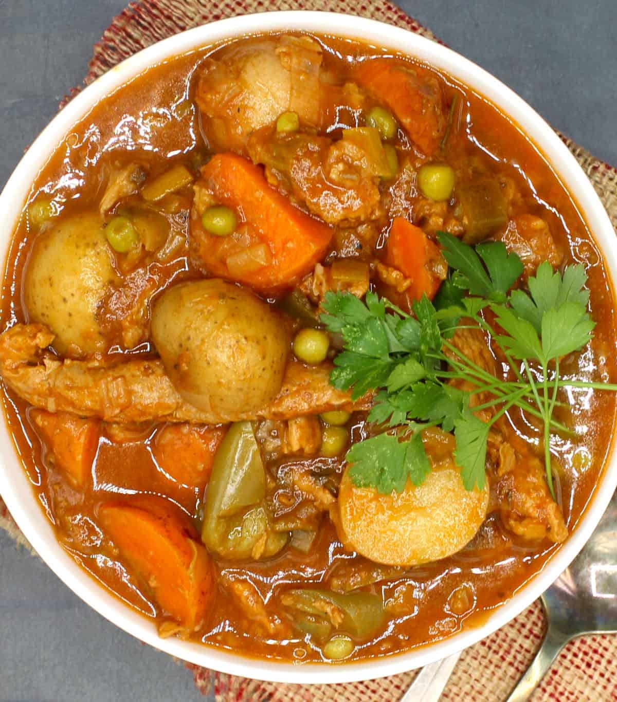 Vegan Instant Pot beef stew in bowl.